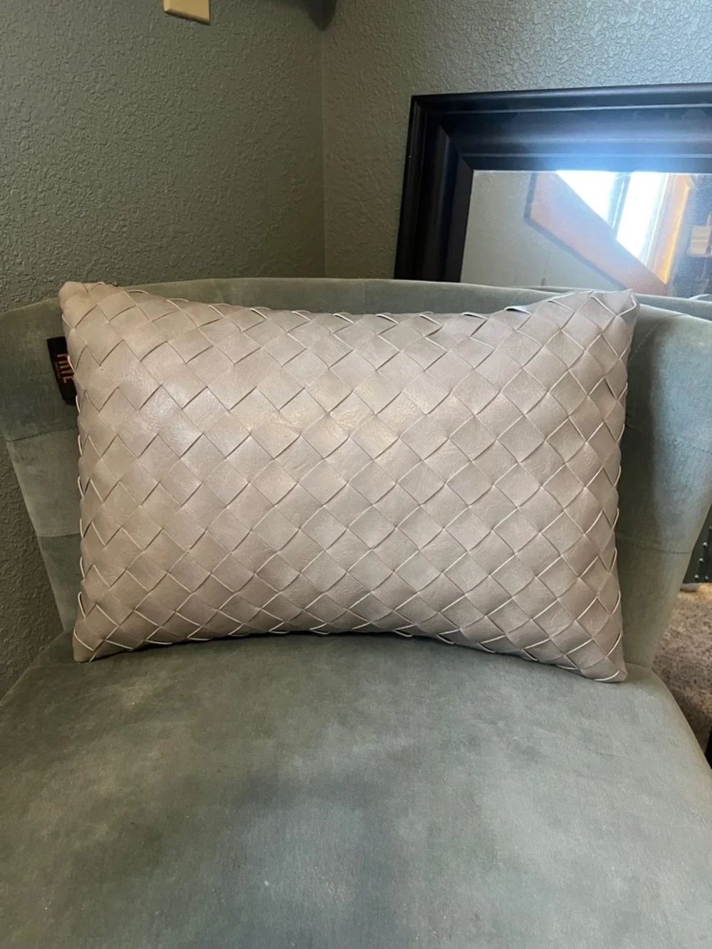 Frye Faux Leather Pillow Gray Basketweave Decorative Lumbar Pillow 14